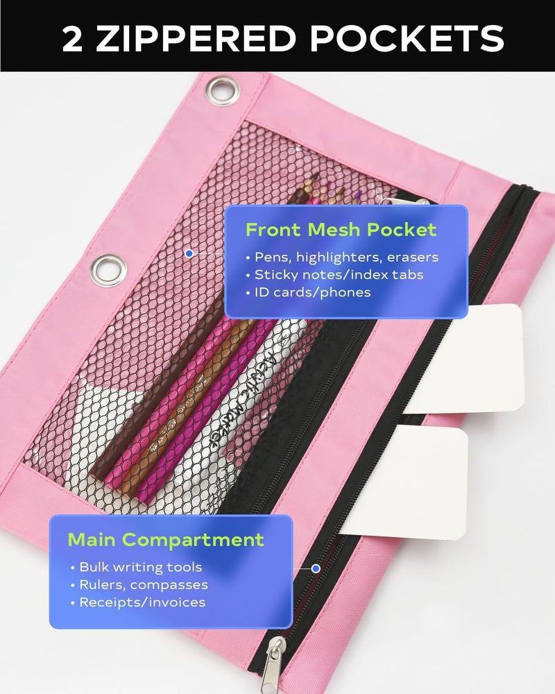 INNOIO 3 Ring Binder Pencil Pouch - School Pencil Case with 2 Zippered Pockets, Clear Mesh Window Pencil Bag, B5 Size, Back to School Gifts (Pink) - Image 3